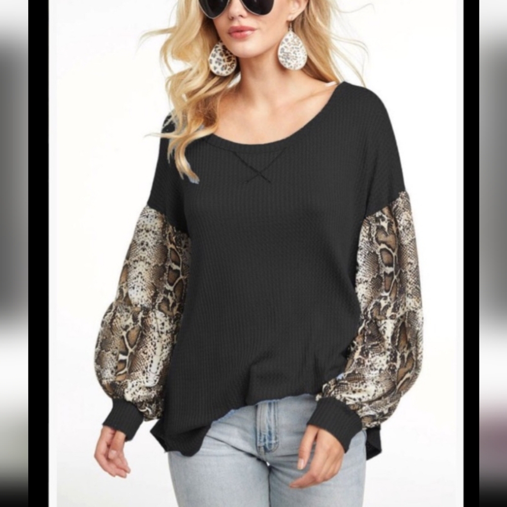 Bibi Waffle Knit Snakeskin Python Balloon Sleeve Top
